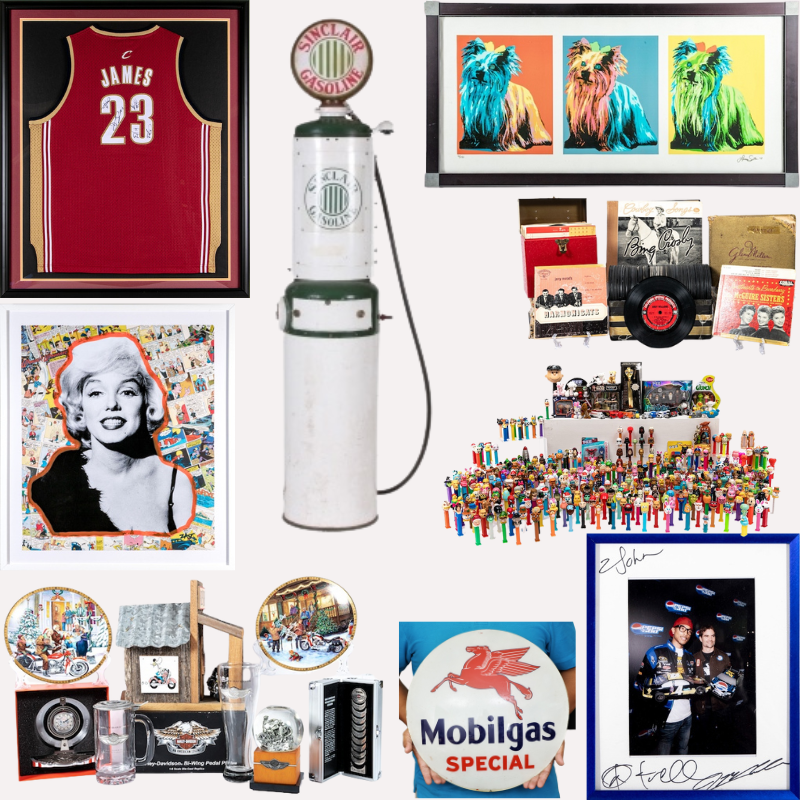 Americana examples of legends and pop culture include sports memorabilia, pop icons, pez dispensers and gas station collectibles.